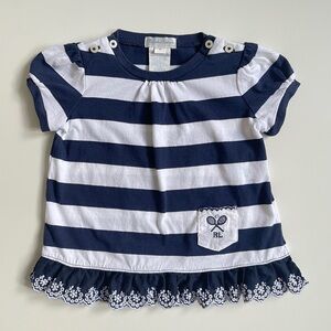 Ralph Lauren Baby Girl Navy & White Stripe Top w/ Lace Trim & Decorative Pocket